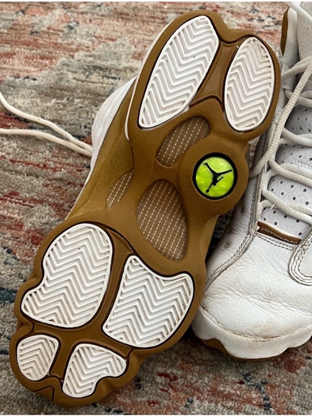 Jordan Kids White Sneakers with Gum Outsole and Neon Green Jumpman